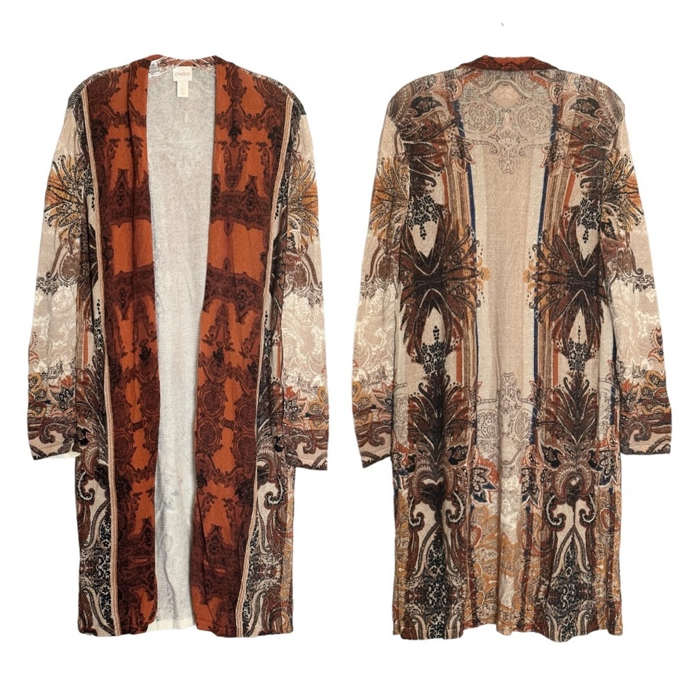 Chico’s L Regal Paisley Boho Tan Burnt Orange Open Front Duster Cardigan Size 2